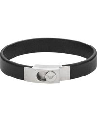 Emporio Armani - And Silver Stainless Steel And Black Leather Strap Bracelet - Lyst