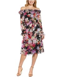Adrianna Papell - Printed Chiffon Flora Off-the-shoulder Ruffle Dress With Long Sleeves - Lyst