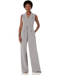 Calvin Klein Sleeveless Collard Jumpsuit With Self Belt - Gray