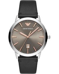 Emporio Armani - Three-hand Silver And Black Leather Band Watch - Lyst