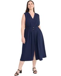 Maggy London - Plus Size V Neck Cap Sleeve Midi Belt-side Pockets And Back Zipper-business Casual Work Dress - Lyst