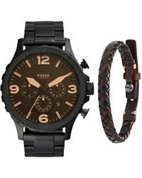 Fossil - Nate Quartz Stainless Steel Chronograph Watch Leather Braided Leather Bracelet - Lyst