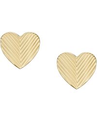 Fossil - Harlow Linear Texture Heart Gold-tone Stainless Steel Stud Earrings - Lyst
