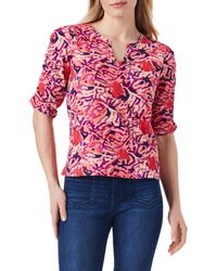 NIC+ZOE - Nic+zoe Petite Blurred Floral Ruched Elbow Slv Split Neck - Lyst
