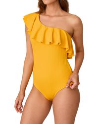 Shoshanna - Standard Lemon Rib Texture Ruffle Shoulder One Piece - Lyst