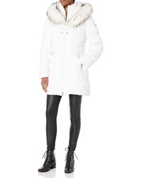 Laundry by Shelli Segal - 3/4 Hooded Puffer Jacket With Faux Fur Trim Down Alternative Coat - Lyst