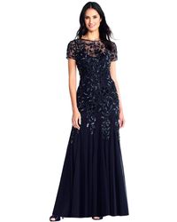Adrianna Papell - Short-sleeve Floral Beaded Godet Gown - Lyst