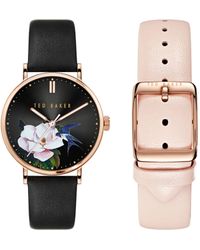 Ted Baker - Phylipa Iconic Ladies Box Set Black & Pink Leather Strap Watch - Lyst