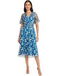 Maggy London - Empire Waist Flutter Sleeve V-neck Midi-sheer Mesh Overlay A-line Cocktail Dress - Lyst