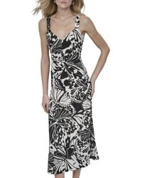 DKNY - Sleeveless V-neck Midi Dress With Logo Hardware On Strap - Lyst