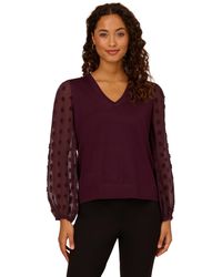 Adrianna Papell - V Neck 3/4 Woven Bubble Sleeve Sweater - Lyst