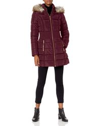 Laundry by Shelli Segal - 3/4 Puffer With Zig Zag Cinched Waist And Faux Fur Trim Hood - Lyst