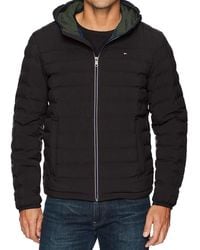 tommy hilfiger men's ultra loft quilted stretch hooded puffer jacket