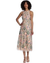 Maggy London - Floral Embroidered Halter Midi Dress With Back V-neck - Lyst