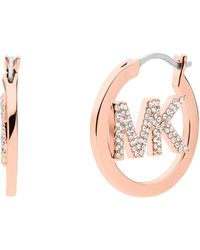 Michael Kors - Rose Gold-tone Plated Brass Pavé Logo Hoop Earrings - Lyst