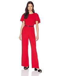 Calvin Klein Belted Jumpsuit With Caplet Sleeve - Red