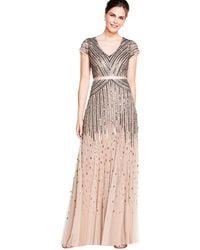 Adrianna Papell - Womens Long Beaded V-neck With Cap Sleeves And Waistband Dresses - Lyst