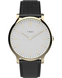 Timex - Gallery 40mm Watch White Dial Gold Tone Case Black Leather Strap - Lyst