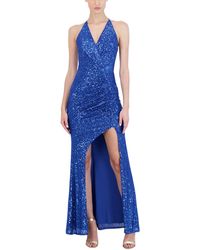 BCBGMAXAZRIA - Sleeveless Fit And Flare Long Evening Gown Halter V Neck Open Back Front Slit Dress - Lyst