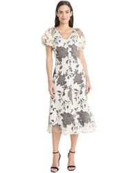 Maggy London - Elegant Midi Dress With Puffed Sleeves-v-neck A-line Silhouette With Semi-sheer Overlay-cocktail Formal - Lyst
