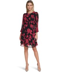 Calvin Klein - Long Sleeve Round Neck Chiffon A-line Knee Length Dress - Lyst