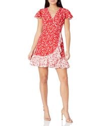 Vince Camuto - Camuto Printed Cdc Faux Wrap Fit And Flare Dress With Contrast Ruffle Hem - Lyst
