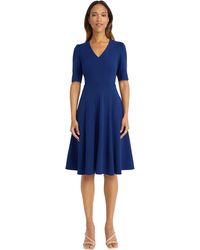 Donna Morgan - Dresses Stretch Crepe Elbow Sleeve V-neck Fit And Flare Midi Dress - Lyst