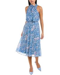 Adrianna Papell - Floral Printed Tie Neck Midi Dress - Lyst