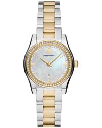 Emporio Armani - Three-hand Date Silver And Gold Two-tone Stainless Steel Bracelet Watch - Lyst