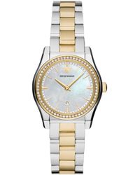 Emporio Armani - Three-hand Date Silver And Gold Two-tone Stainless Steel Bracelet Watch - Lyst