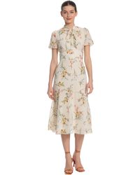 Maggy London - Floral Printed Neck Tie Short Sleeve Midi Dress - Lyst