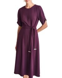 DKNY - Short Ruched Sleeve Jewel Neck Midi Dress With Removable Belt - Lyst