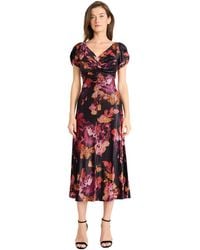 Maggy London - Midi Floral V-neck Pleated Fabric-puff Cap Sleeves-empire Waist-elegant Wedding Guest Dress - Lyst