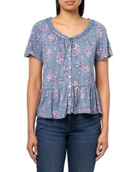 Lucky Brand - Short Sleeve Lace Trimmed Peplum Tee Navy Floral - Lyst