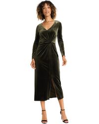 Maggy London - V Neck Midi Dress W/draped Knot At Waist And Slit - Lyst