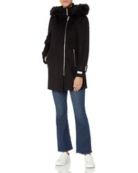 Calvin Klein Zip Front Wool With Faux Fur Hood Coat - Black