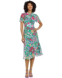 Maggy London - Plus Size Floral Printed Neck Tie Short Sleeve Midi Dress - Lyst