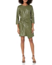 Shoshanna - Gilda Olive Faux Leather Three Quarter Sleeve Mini Dress - Lyst