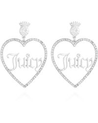 Juicy Couture - Silvertone Crystal Glass Stone Heart Drop Logo Earrings - Lyst