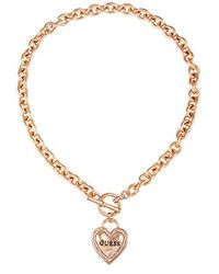 Guess Goldtone Dangle Heart Logo Charm Toggle Chain Necklace - Brown