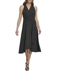 DKNY - Sleeveless V-neck Buckle Belt Faux Wrap Midi Dress - Lyst