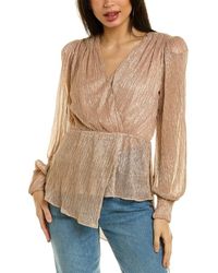 BCBGMAXAZRIA - Fit And Flare Long Sleeve Top Surplice Neck Ruched Shoulders Smocked Cuffs Asymmetrical Hem Shirt - Lyst
