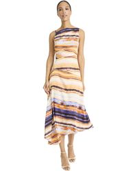 Maggy London - Satin Georgette Midi Asymmetrical Hem High Neck Fitted Bodice With Flowing A-line Cocktail Formal Dress - Lyst