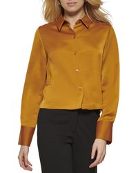 DKNY - Button Front Cropped Long Sleeve Top - Lyst