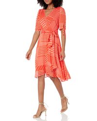 Tommy Hilfiger - S Orange Zippered Striped Short Sleeve Surplice Neckline Midi Faux Wrap Dress Uk - Lyst