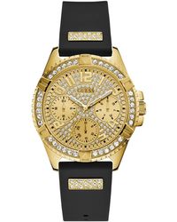 Guess - Gold-tone Stainless Steel Crystal Encrusted Dial With Black Stain Resistant Silicone Watch - Lyst