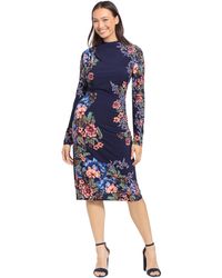 Maggy London - London Times Mock Neck Midi Dress With Ruching - Lyst