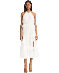 Donna Morgan - Halter Neck Tiered Midi Semi-sheer Textured Fabric With Ruffle Details-wedding Guest Cocktail Dress - Lyst