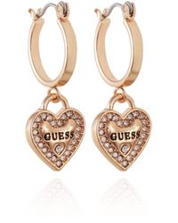 Guess - Goldtone Logo Heart Dangle Charm Hoop Earrings - Lyst