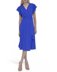 DKNY - Flutter Sleeve Tie Fit And Flare Midi Dress - Lyst